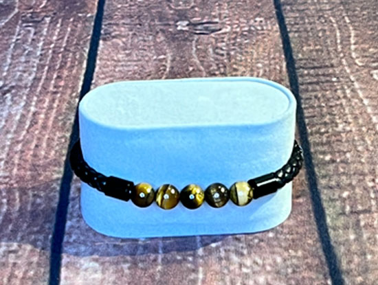 Tiger Eye Vintage Stone Beaded PU Rope Magnetic Buckle Bracelet